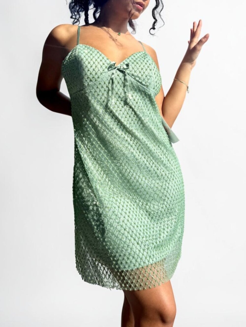 NWT Mint Green Beaded Glitter Mesh Mini Dress Size L Bow Bustier